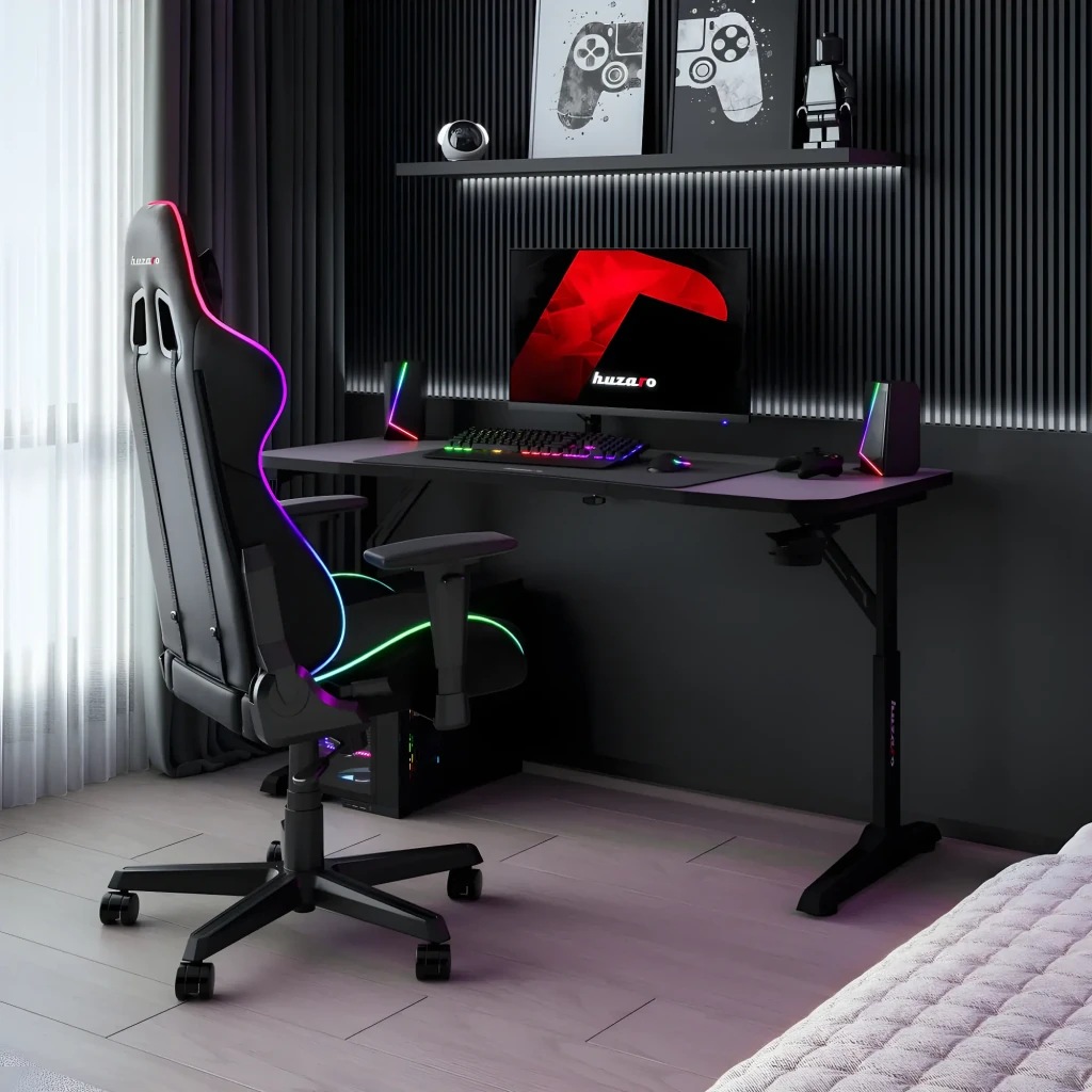 Huzaro Mesa gaming Hero 3.6 Negro, vista en perspectiva: superficie texturizada, patas en T, portavasos y logo lateral - Ítem3