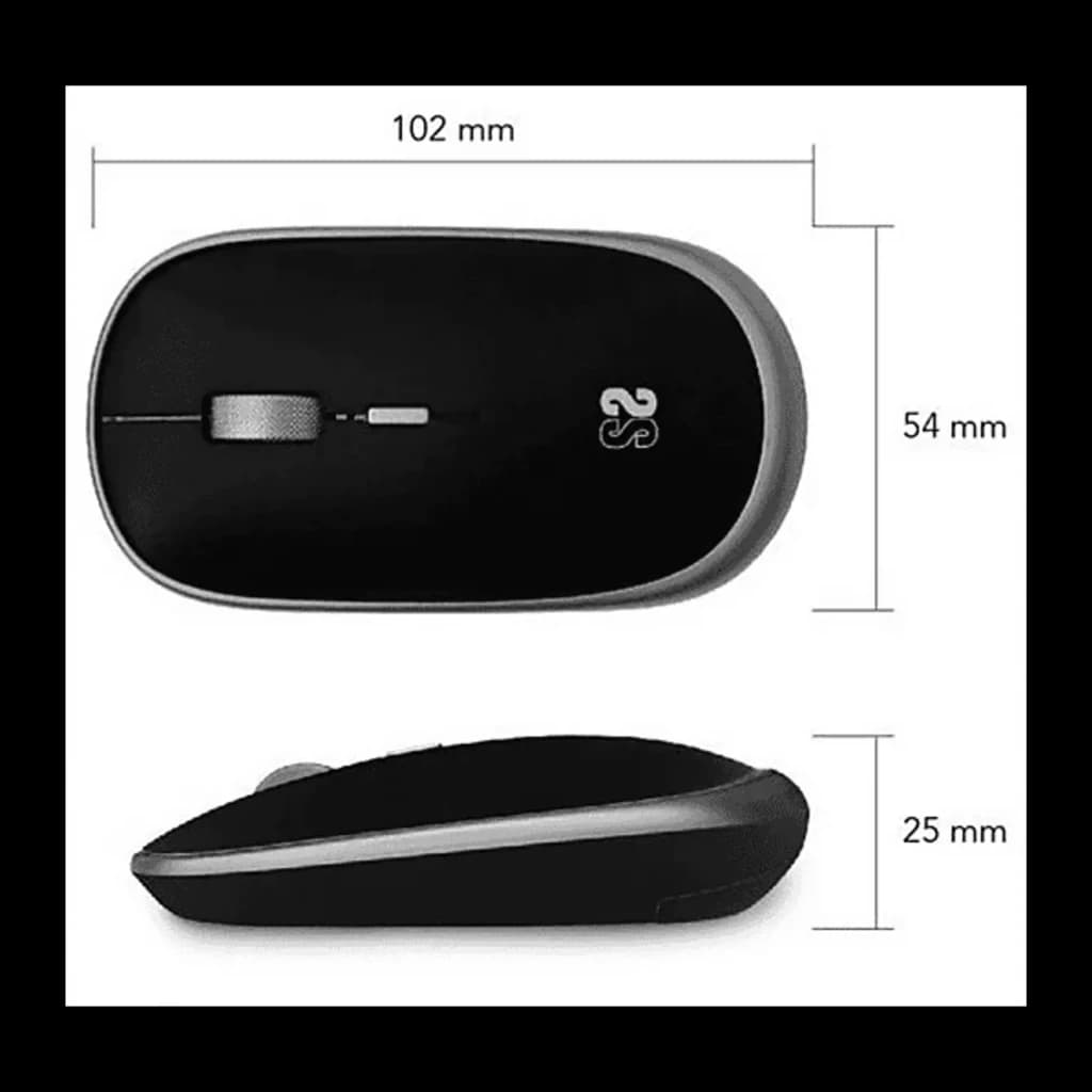 Ratón Subblim Wireless Mini Mouse 2.4GHz negro mate con laterales grises, clic silencioso, scroll central plateado. Dimensiones: 102 x 54 x 25 mm. Diseño