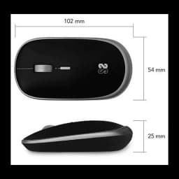 Ratón Subblim Wireless Mini Mouse 2.4GHz negro mate con laterales grises, clic silencioso, scroll central plateado. Dimensiones: 102 x 54 x 25 mm. Diseño