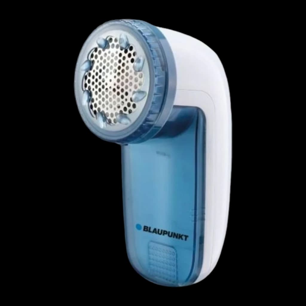 Blaupunkt Quitapelusas eléctrico azul y blanco, vista frontal en ángulo: cabezal metálico perforado y depósito transparente