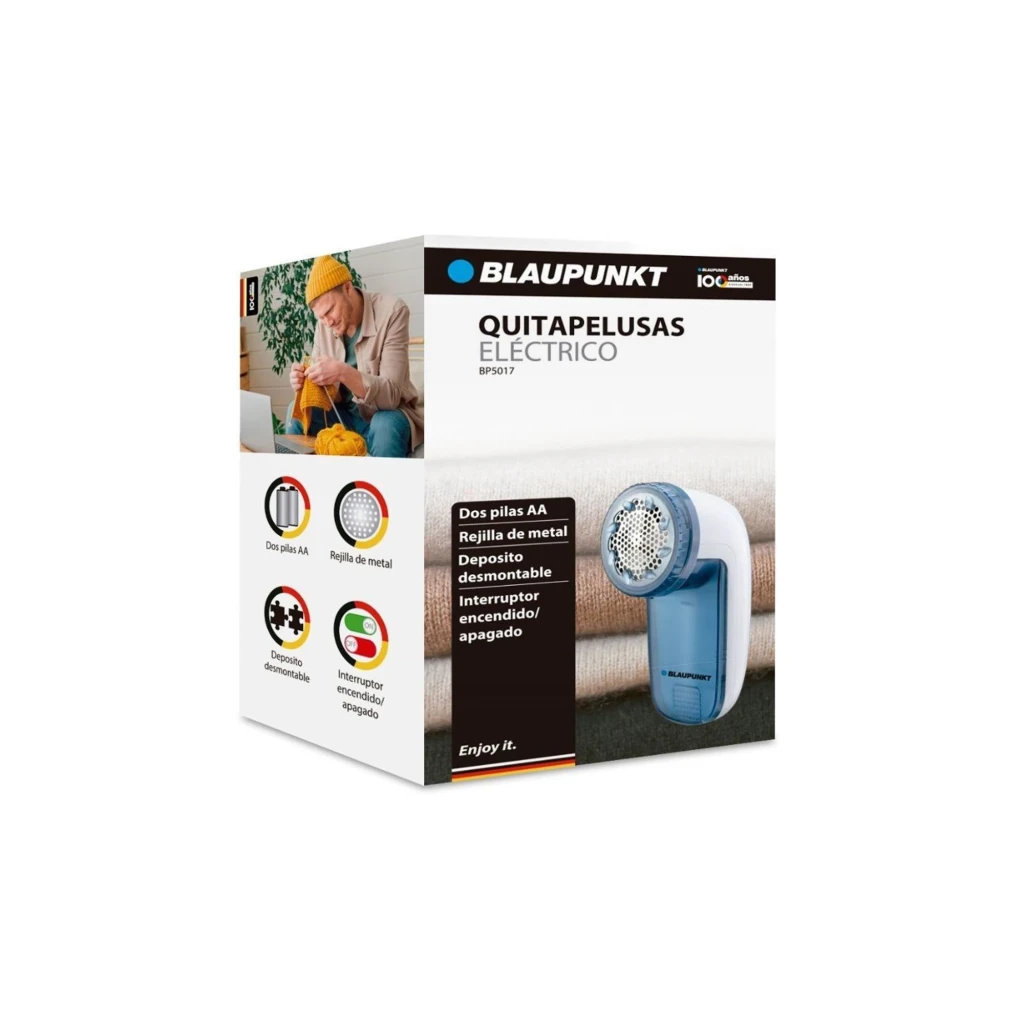 Blaupunkt Quitapelusas eléctrico azul y blanco, vista frontal en ángulo: cabezal metálico perforado y depósito transparente - Ítem1