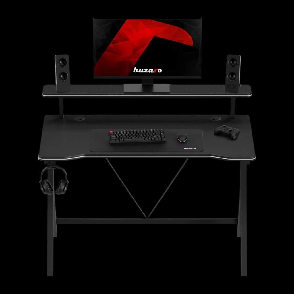 Huzaro Mesa gaming Hero 1.9 Negro, vista frontal: estante elevado centrado con monitor y altavoces a los lados, teclado y