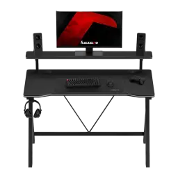 Huzaro Mesa gaming Hero 1.9 Negro, vista frontal: estante elevado centrado con monitor y altavoces a los lados, teclado y
