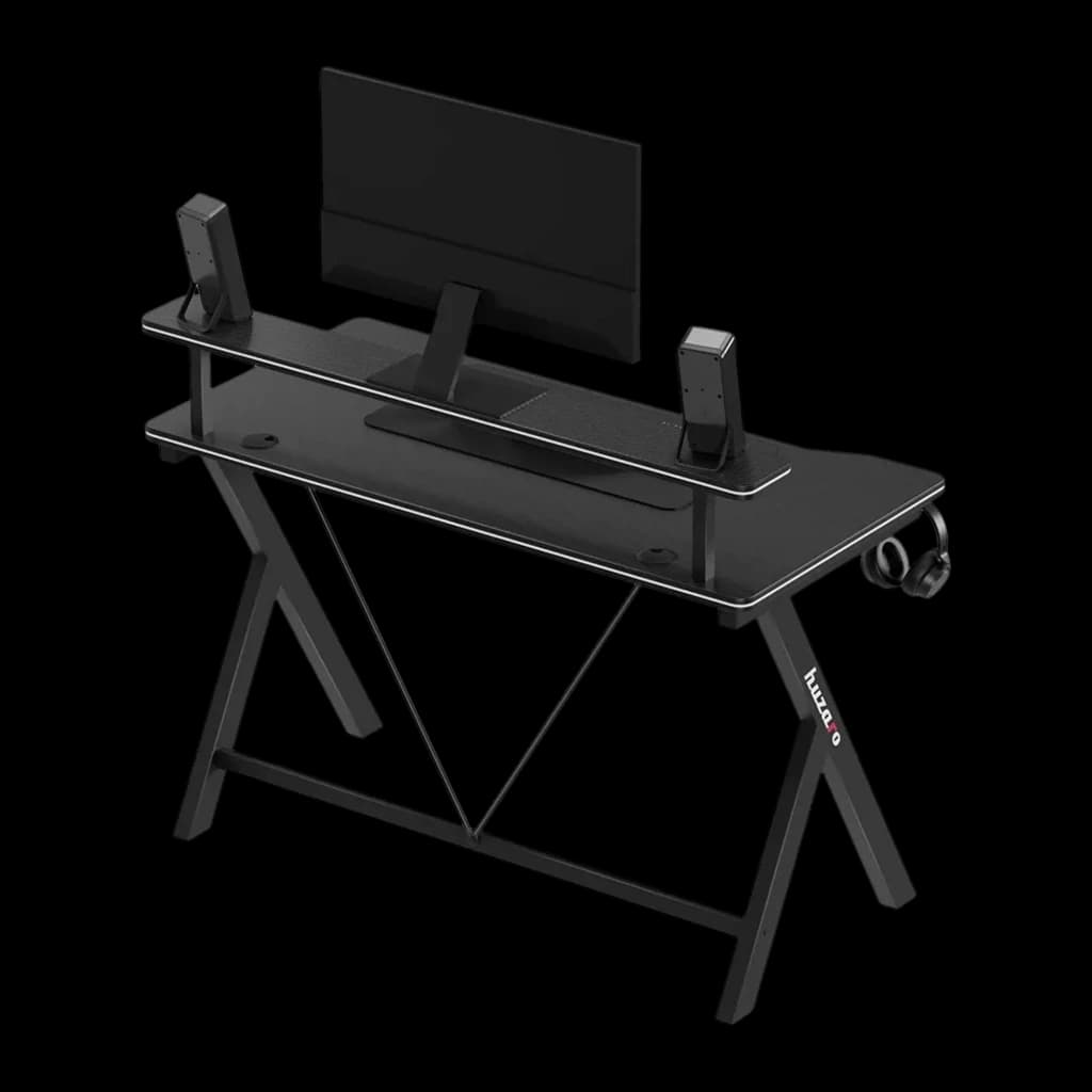 Huzaro Mesa gaming Hero 1.9 Negro, vista trasera en ángulo: reverso del estante elevado, estructura de patas en X y gancho