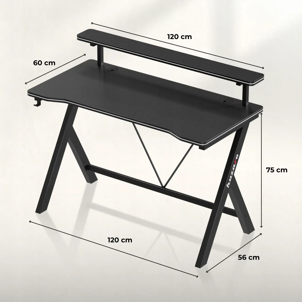 Huzaro Mesa gaming Hero 1.9 Noir, vue en angle: surface carbone, étagère surélevée avec moniteur et enceintes, crochet - Ítem6
