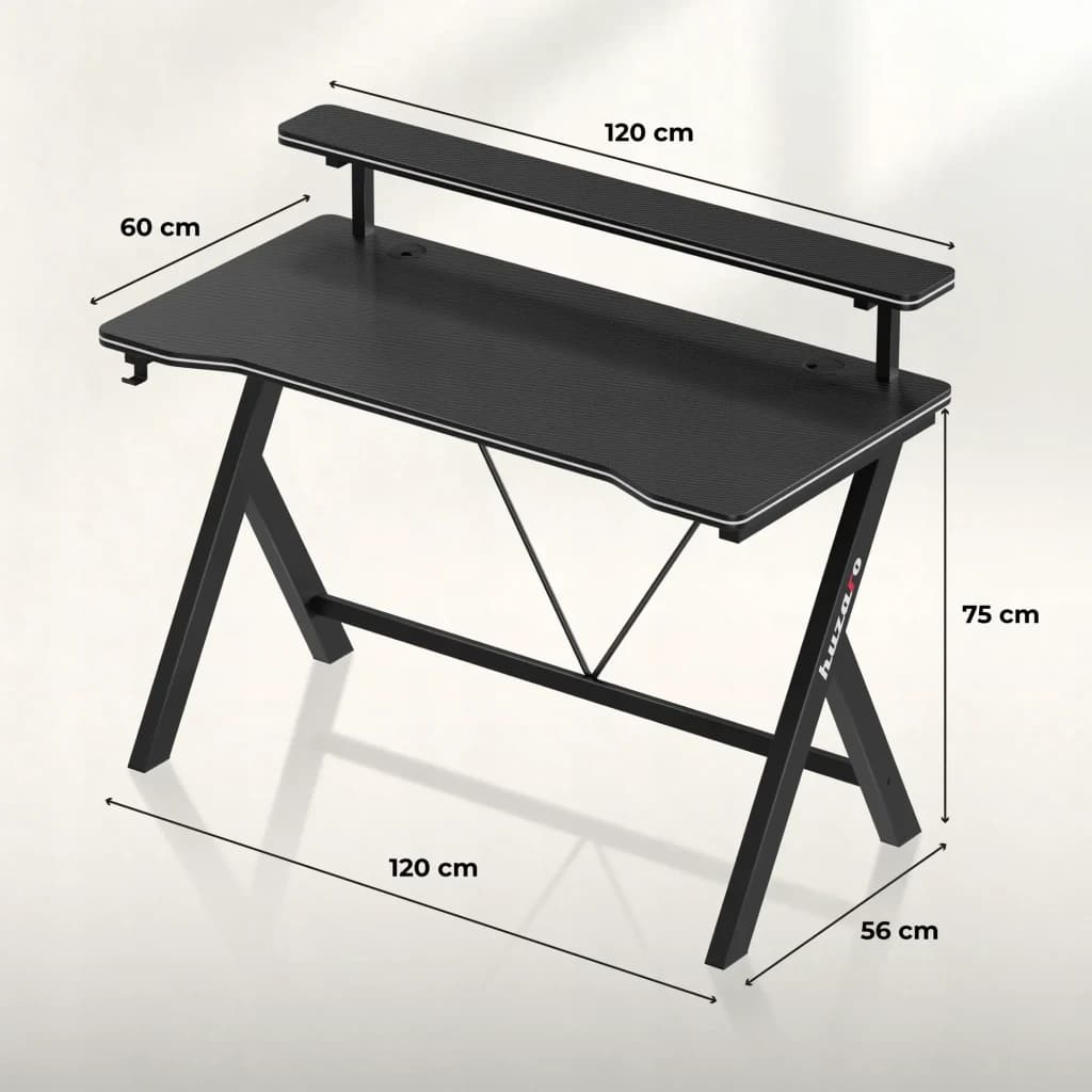 Huzaro Mesa Gaming Hero 1.9 Negro, vista lateral con cotas: dimensiones 120x60x75 cm y estante elevado