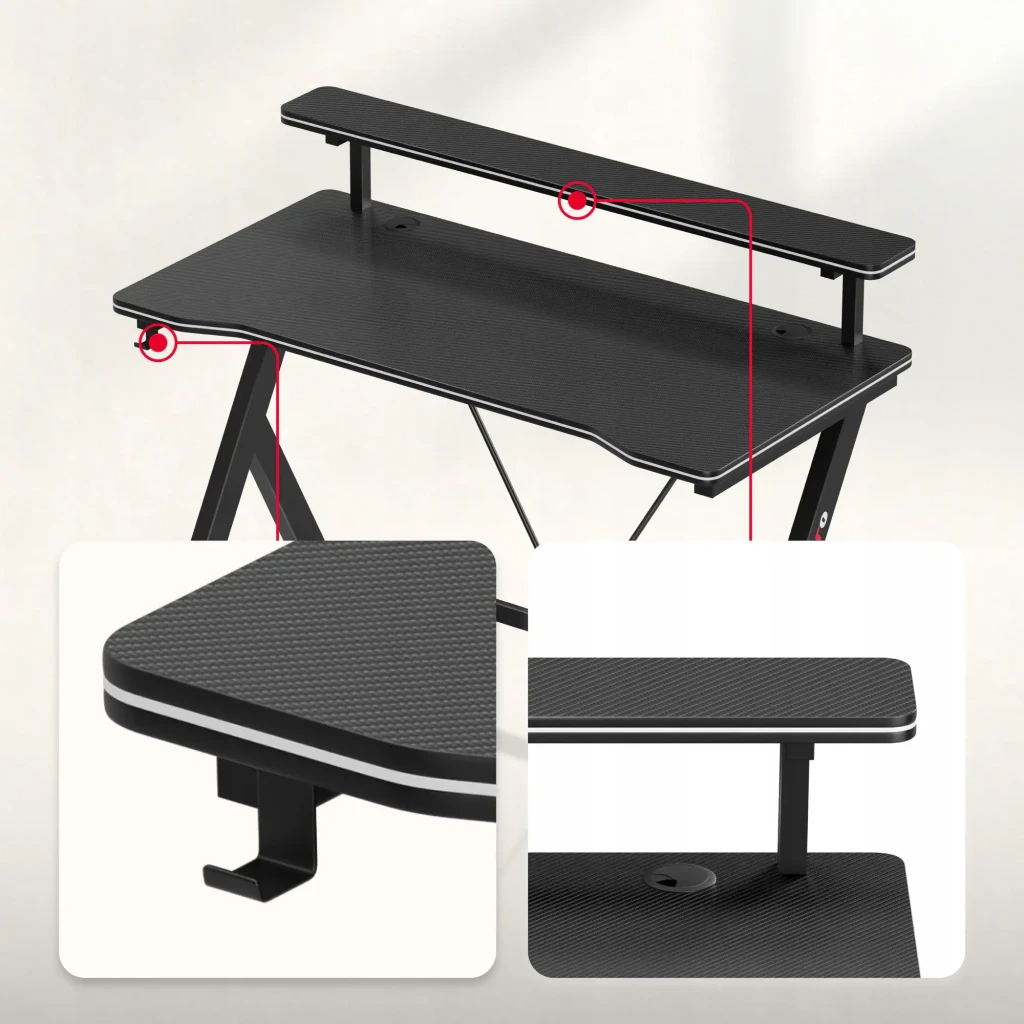 Huzaro Mesa gaming Hero 1.9 Noir, vue en angle: surface carbone, étagère surélevée avec moniteur et enceintes, crochet - Ítem4
