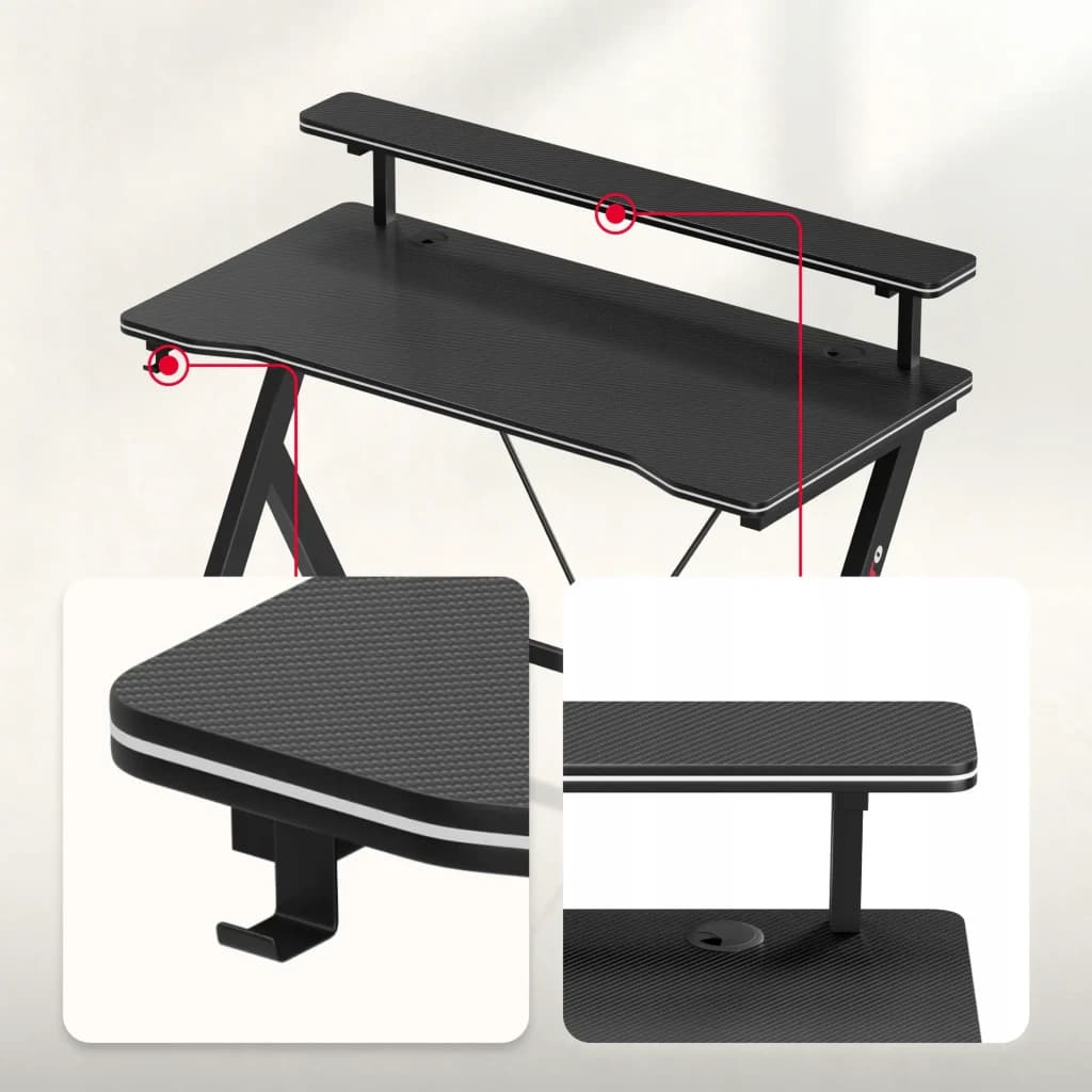 Huzaro Mesa Gaming Hero 1.9 Negro, detalle: textura carbono, borde blanco, gancho auriculares y pasacables visibles
