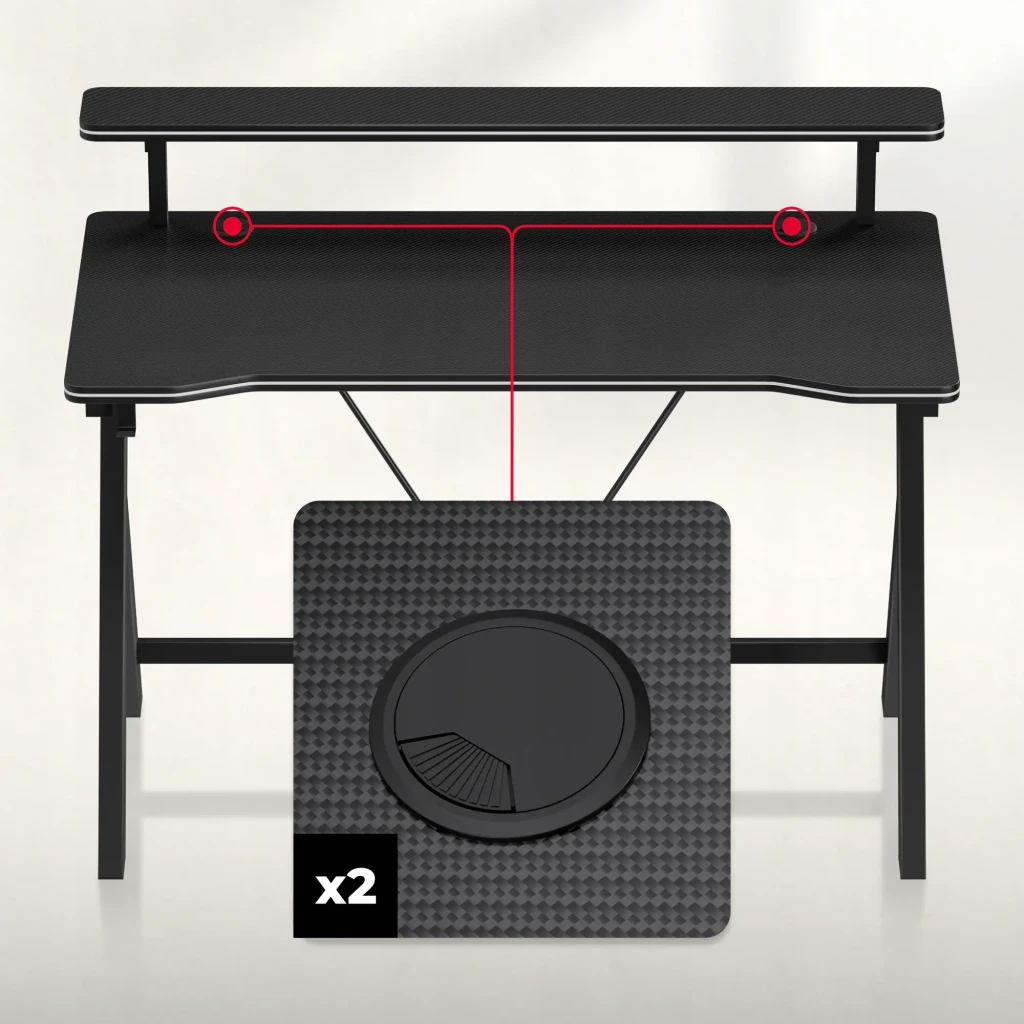 Huzaro Mesa gaming Hero 1.9 Noir, vue en angle: surface carbone, étagère surélevée avec moniteur et enceintes, crochet - Ítem5