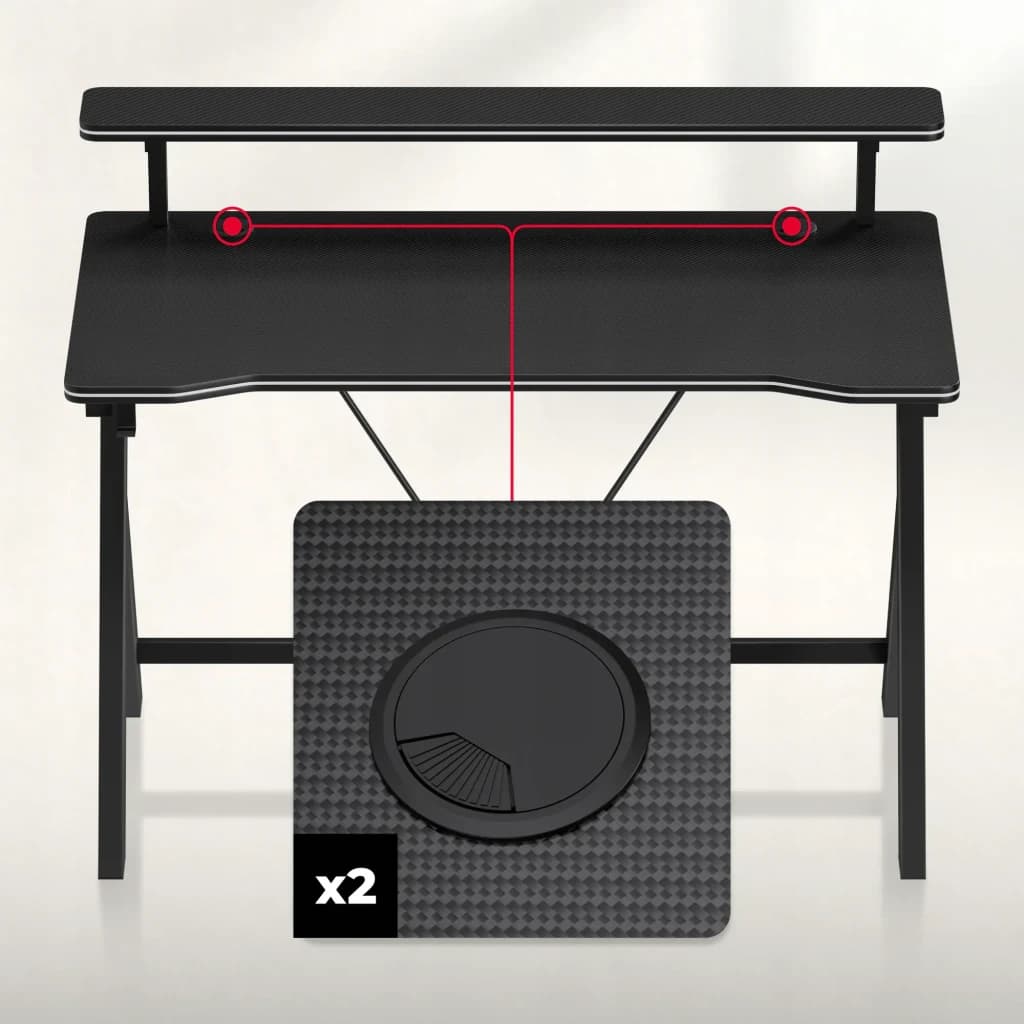 Huzaro Mesa Gaming Hero 1.9 Negro, detalle: 2 pasacables circulares en superficie con textura carbono