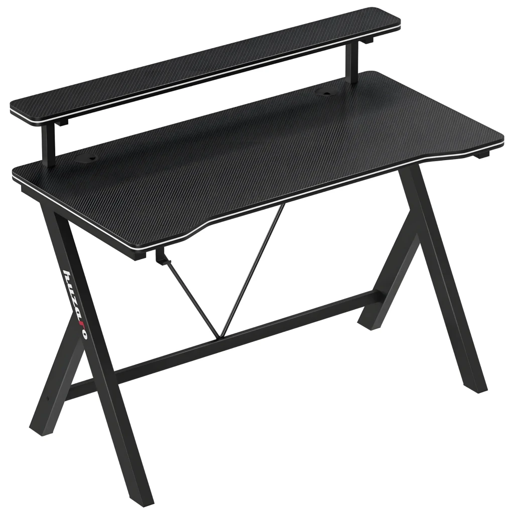 Huzaro Mesa gaming Hero 1.9 Noir, vue en angle: surface carbone, étagère surélevée avec moniteur et enceintes, crochet - Ítem7