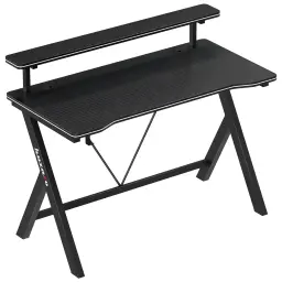 Huzaro Mesa Gaming Hero 1.9 Negro, vista en perspectiva: superficie textura carbono, estante elevado y patas en K metálicas