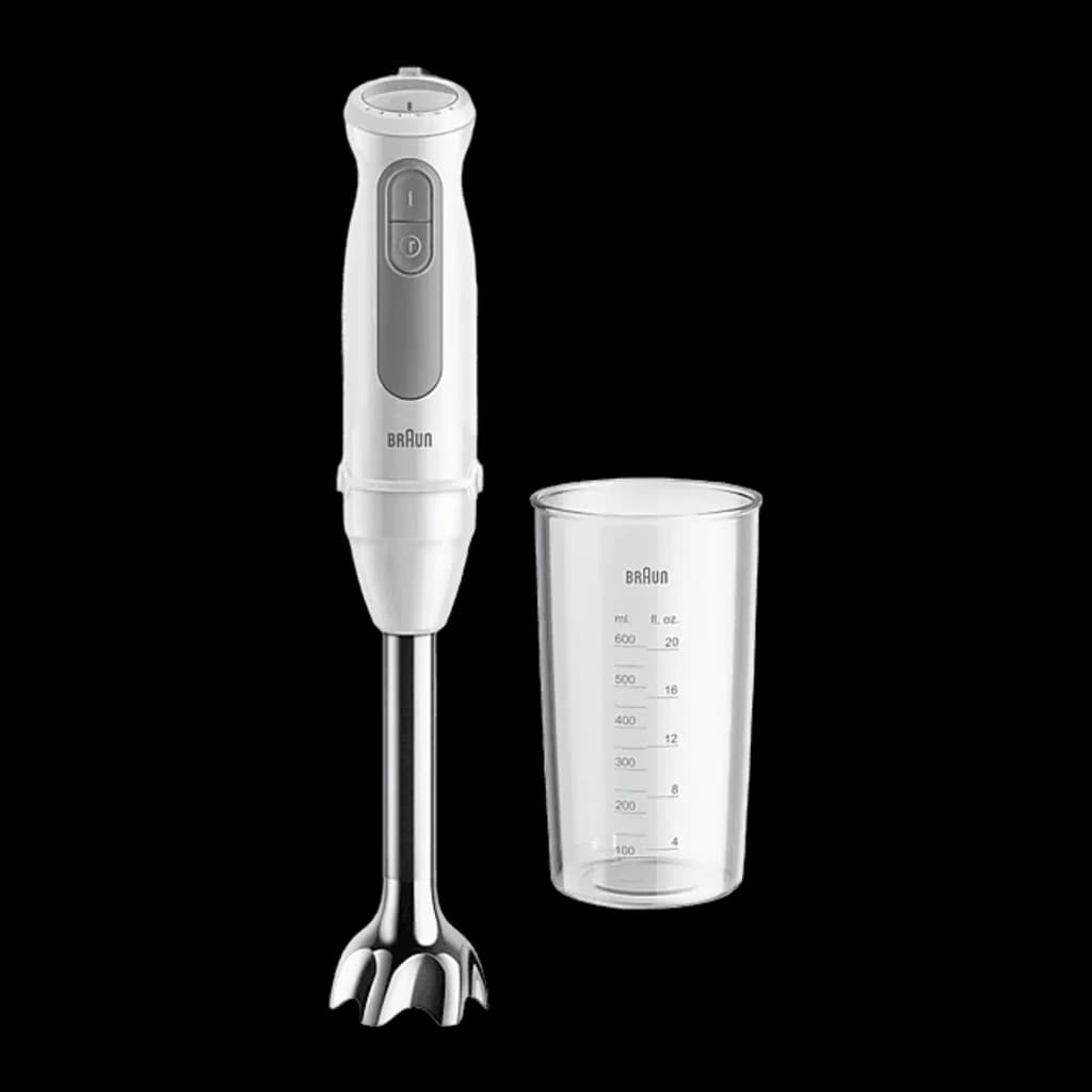 Braun Minipimer MultiQuick 5 MQ 50001 M Branco, vista frontal: varinha mágica com copo medidor graduado incluído