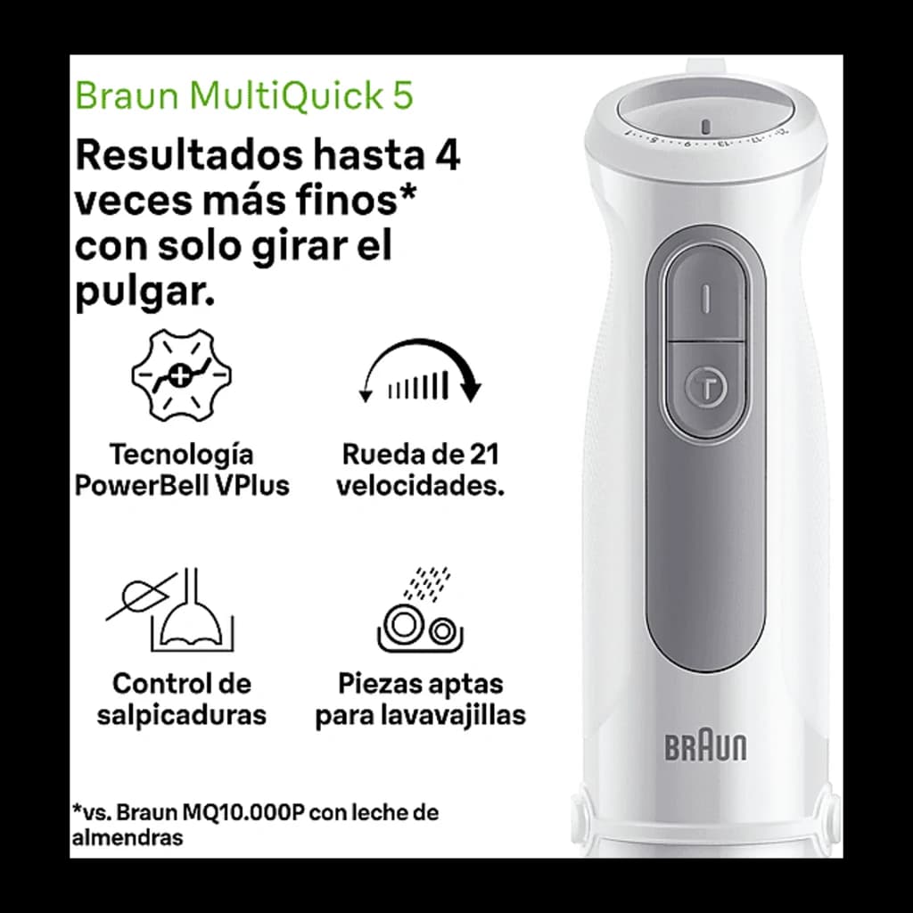 Braun Minipimer MultiQuick 5 MQ 50001 M branco, infográfico: cabo com roda de 21 velocidades e características PowerBell