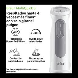 Braun Minipimer MultiQuick 5 MQ 50001 M branco, infográfico: cabo com roda de 21 velocidades e características PowerBell