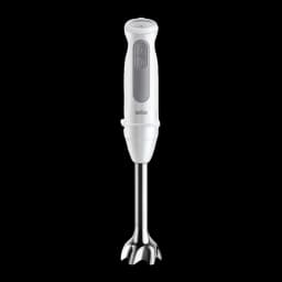 Braun MultiQuick 5 MQ 50001 M branco, vista frontal: corpo branco com botões cinza e haste de aço inoxidável