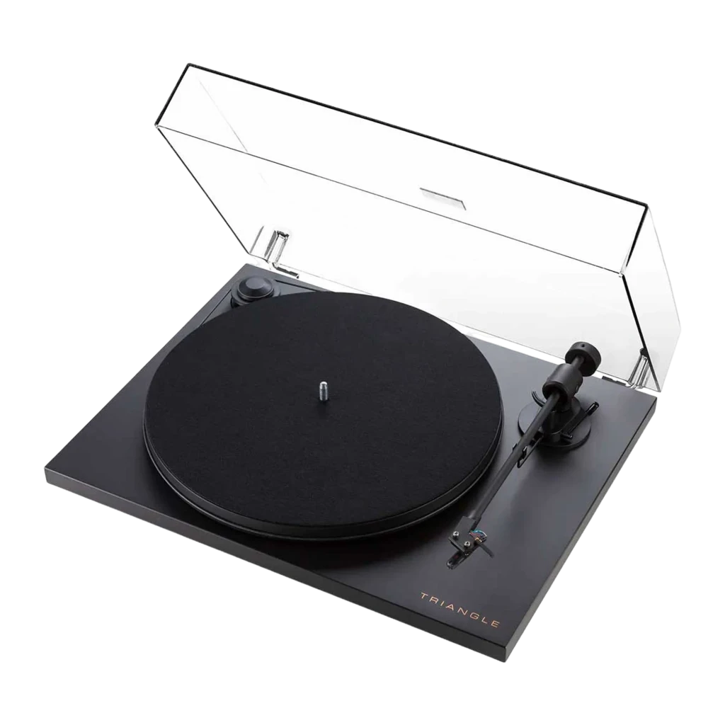 Triangle Turntable noir, vue du dessus: plateau avec tapis, moteur, bras avec cellule dorée et logo Triangle - Ítem1