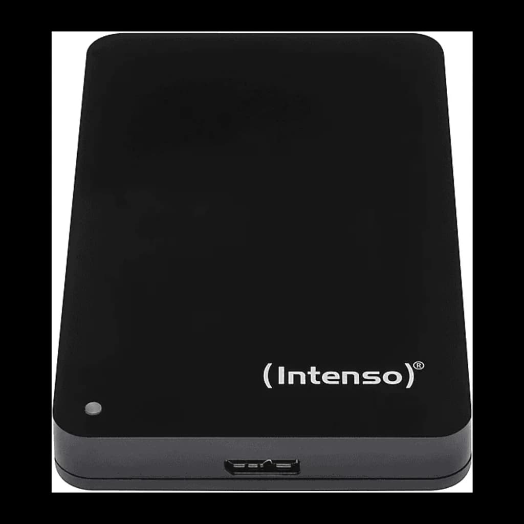 Intenso Memory Case 500GB noir, vue de face: surface mate avec logo, LED indicateur et port USB 3.0 sur le bord inférieur