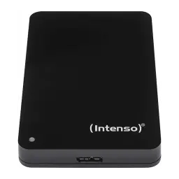 Intenso Memory Case 500GB noir, vue de face: surface mate avec logo, LED indicateur et port USB 3.0 sur le bord inférieur