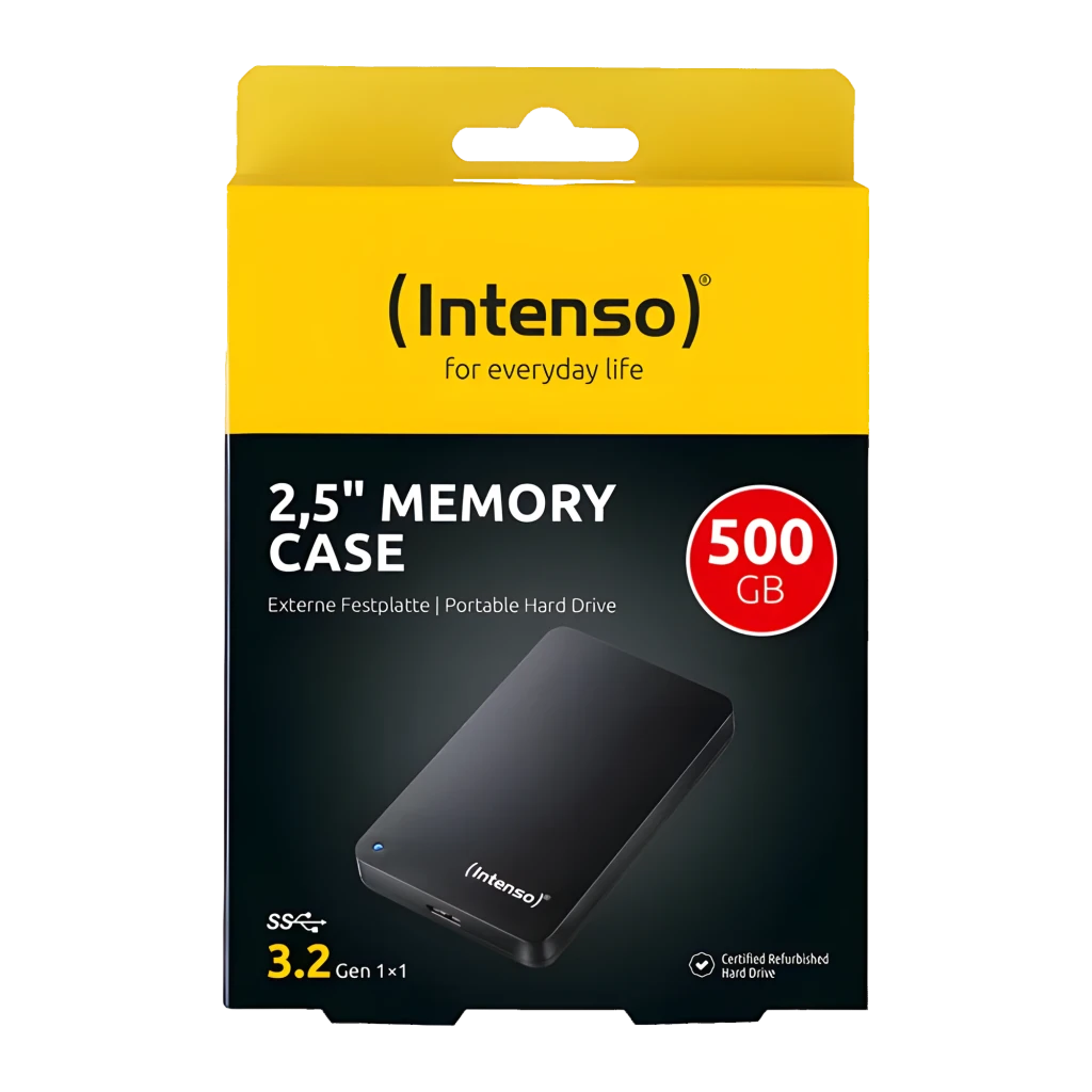 Intenso Memory Case 500GB preto, vista frontal: superfície mate com logo, LED indicador e porta USB 3.0 na lateral inferior - Item2