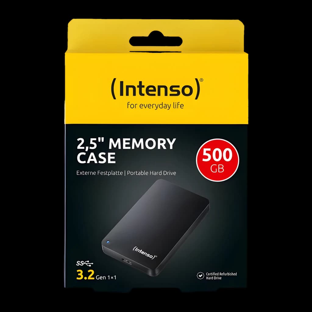Intenso Memory Case 500GB noir, boîte avant: emballage jaune et noir avec disque dur visible et logo USB 3.2