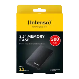 Intenso Memory Case 500GB noir, boîte avant: emballage jaune et noir avec disque dur visible et logo USB 3.2