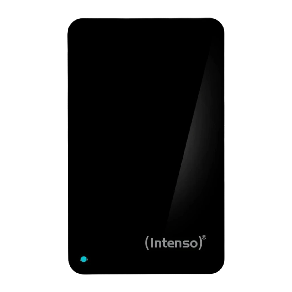 Intenso Memory Case 500GB preto, vista frontal: superfície mate com logo, LED indicador e porta USB 3.0 na lateral inferior - Item1