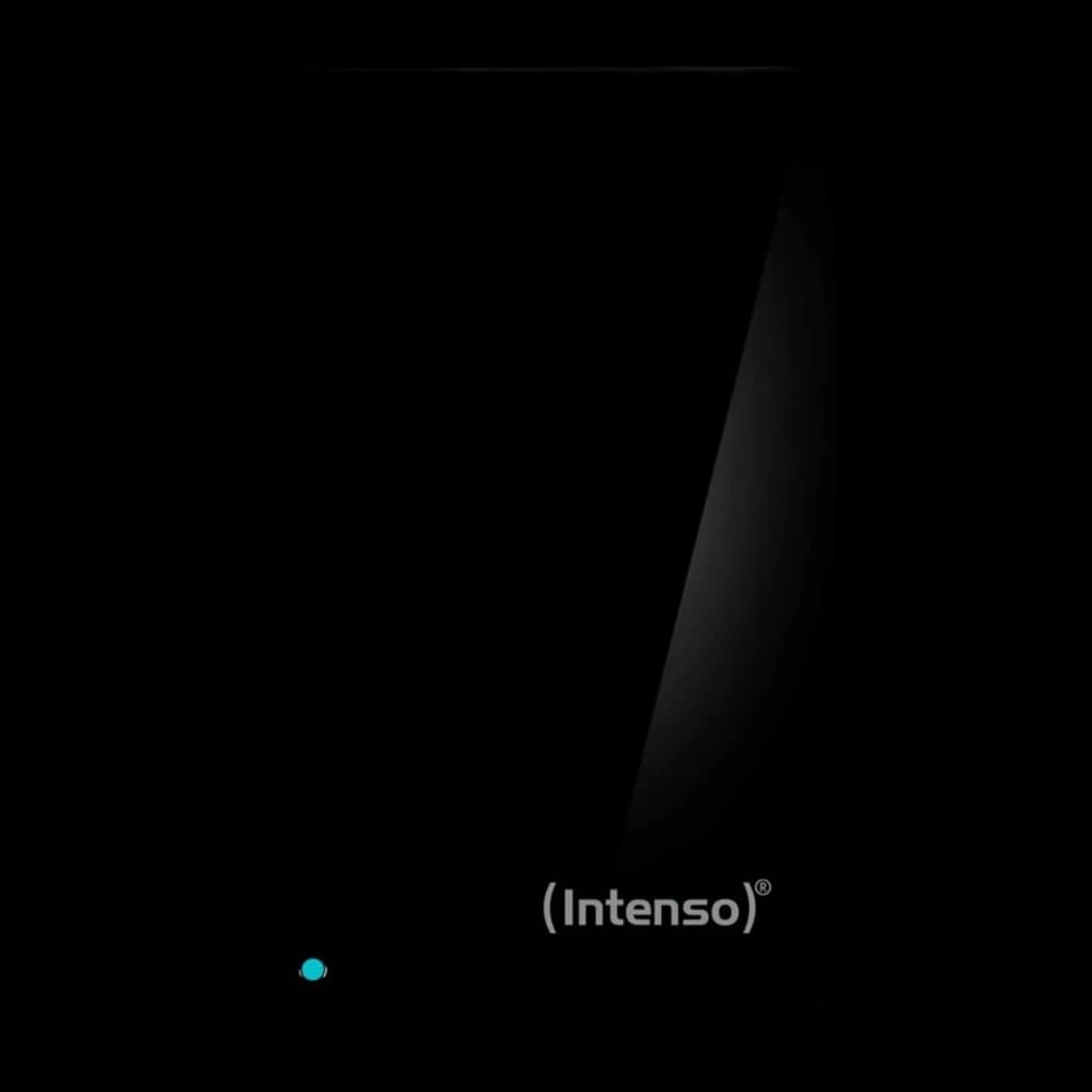 Intenso Memory Case 500GB noir, vue de face: boîtier noir brillant avec logo Intenso et LED bleue allumée
