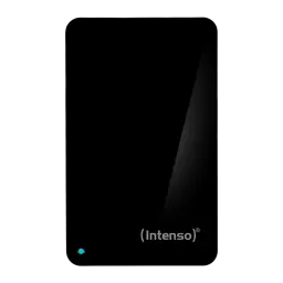 Intenso Memory Case 500GB noir, vue de face: boîtier noir brillant avec logo Intenso et LED bleue allumée