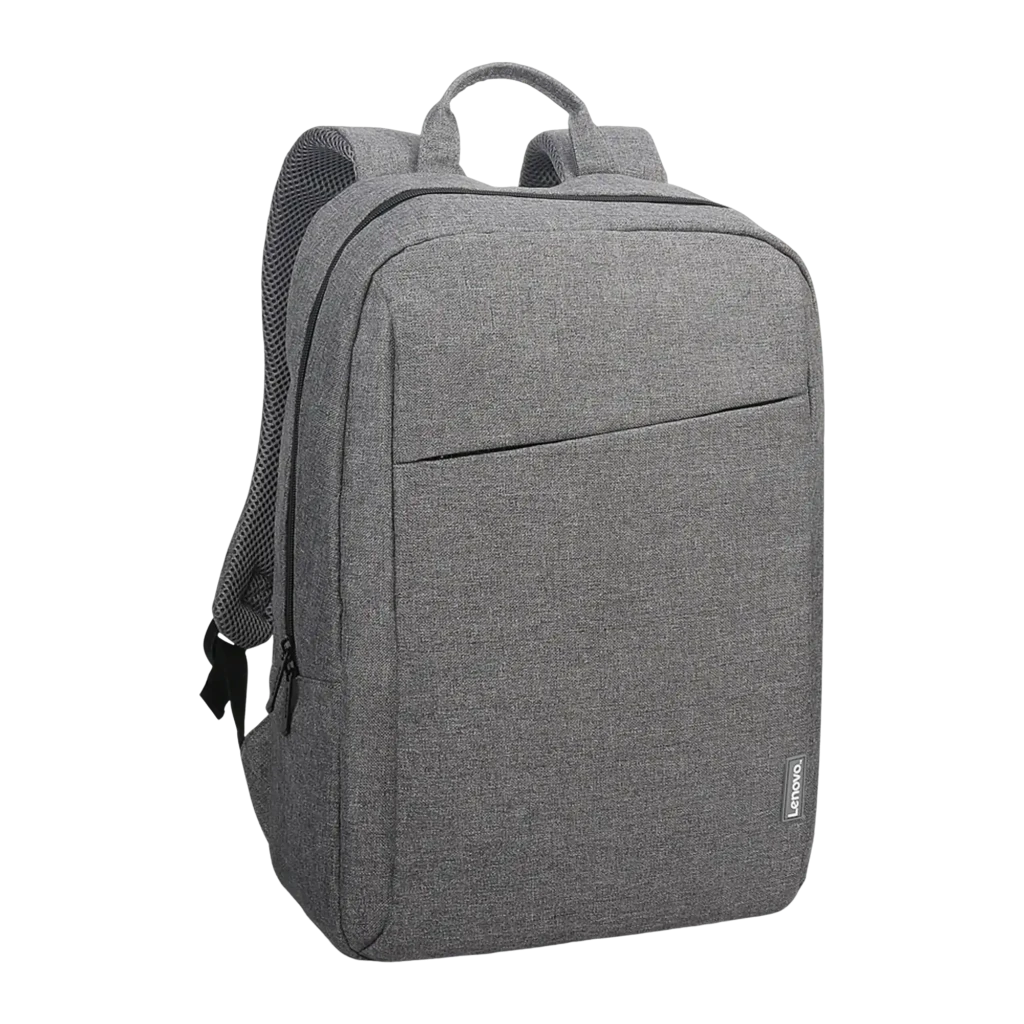 Lenovo Mochila B210 15.6 polegadas cinza, vista lateral em ângulo: bolso lateral em malha e logo Lenovo no painel frontal - Item1