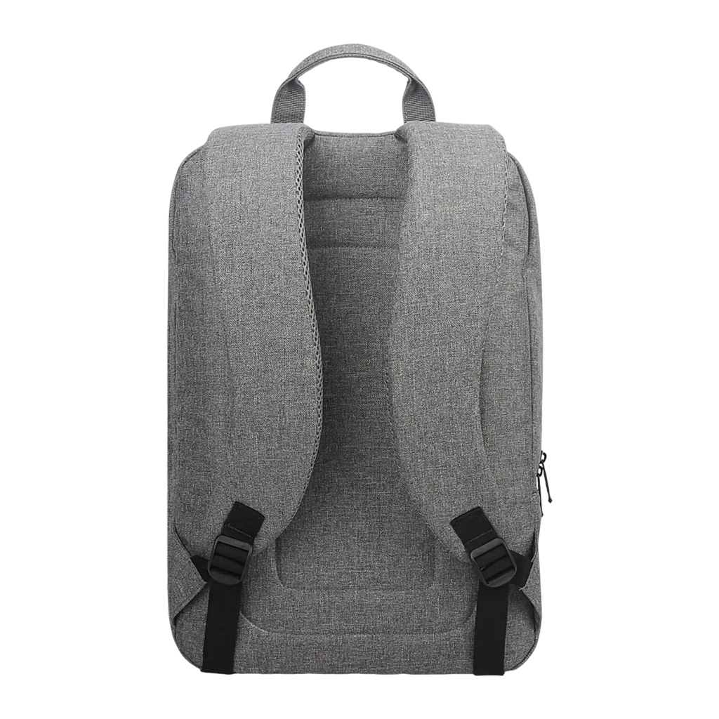 Lenovo Mochila B210 15.6 polegadas cinza, vista lateral em ângulo: bolso lateral em malha e logo Lenovo no painel frontal - Item3