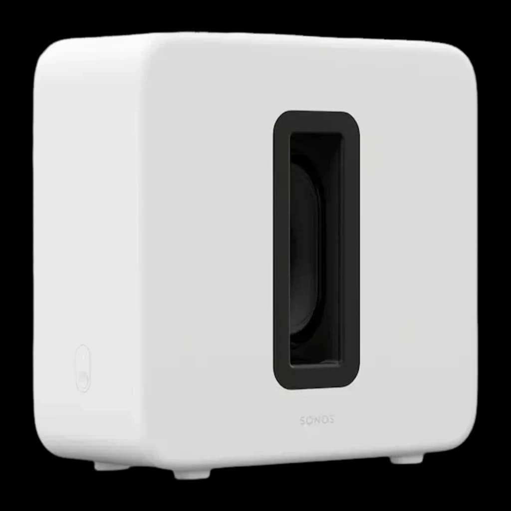 Sonos Sub Gen 4 Branco, vista frontal em ângulo: carcaça branca com ranhura preta central e woofer visível