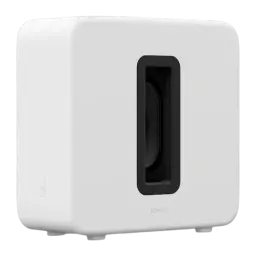 Sonos Sub Gen 4 Branco, vista frontal em ângulo: carcaça branca com ranhura preta central e woofer visível
