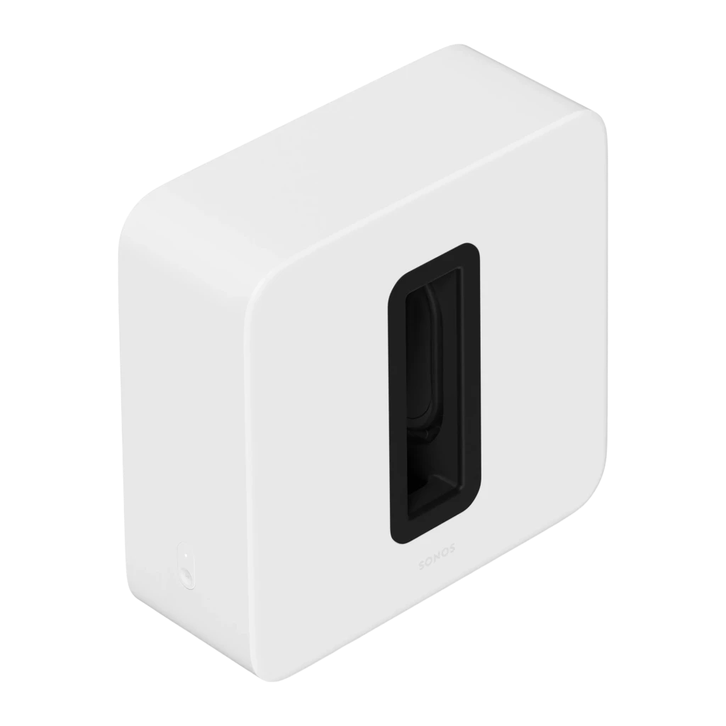 Sonos Sub Gen 4 Blanc, vue avant en angle: boîtier blanc avec fente noire centrale et haut-parleur visible - Ítem1