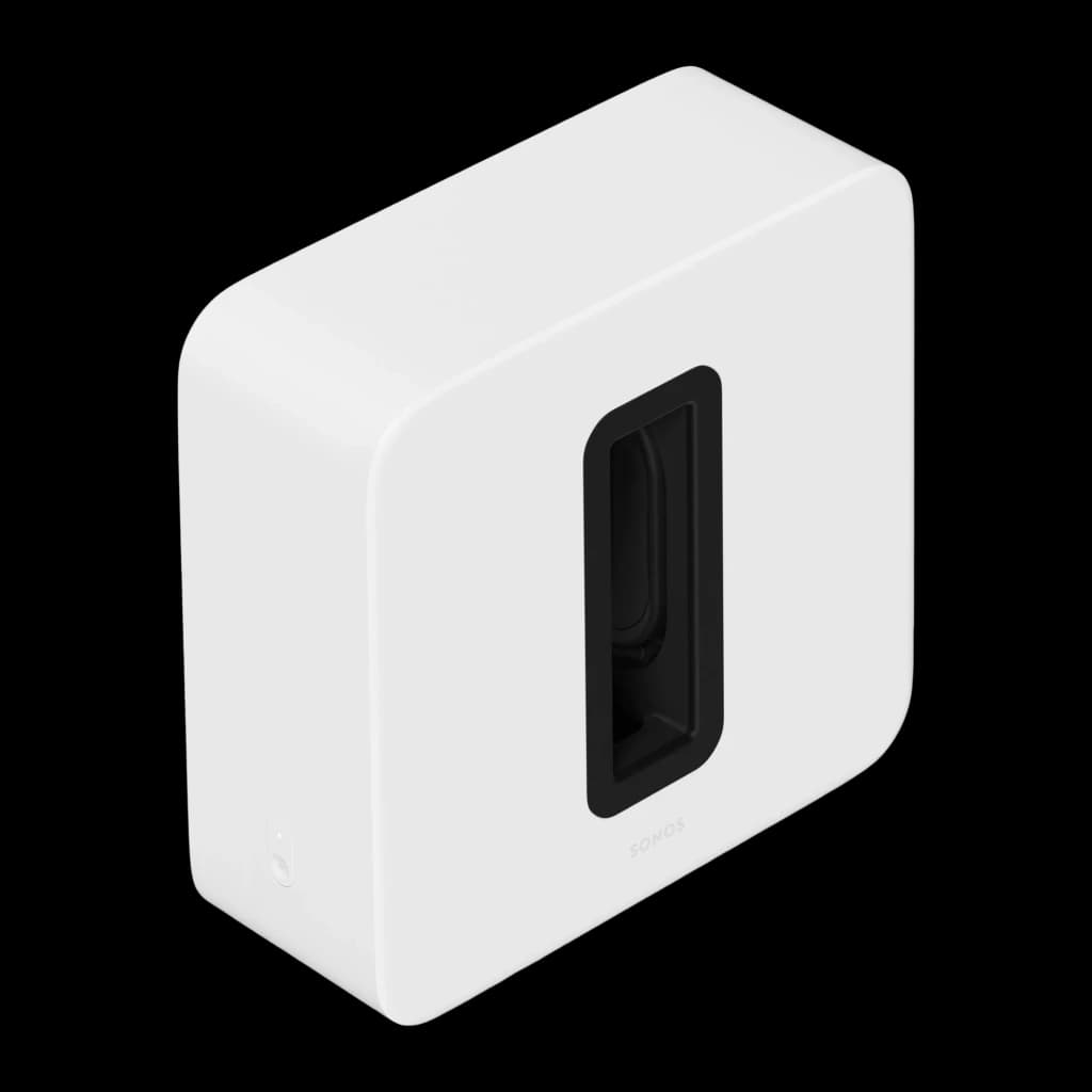 Sonos Sub Gen 4 Branco, vista lateral em ângulo superior: corpo branco liso com ranhura preta e logo Sonos
