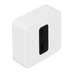 Sonos Sub Gen 4 Branco, vista lateral em ângulo superior: corpo branco liso com ranhura preta e logo Sonos