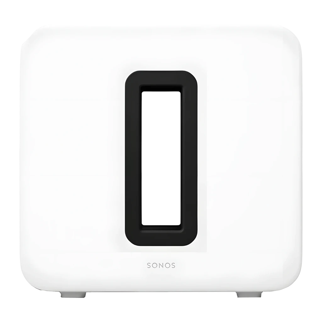 Sonos Sub Gen 4 Blanc, vue avant en angle: boîtier blanc avec fente noire centrale et haut-parleur visible - Ítem4