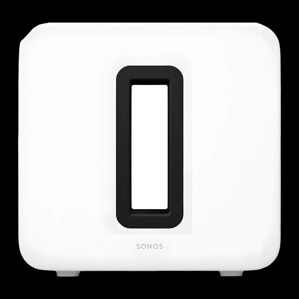 Sonos Sub Gen 4 Branco, vista frontal: ranhura central oval preta, logo Sonos e pés inferiores