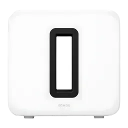 Sonos Sub Gen 4 Branco, vista frontal: ranhura central oval preta, logo Sonos e pés inferiores
