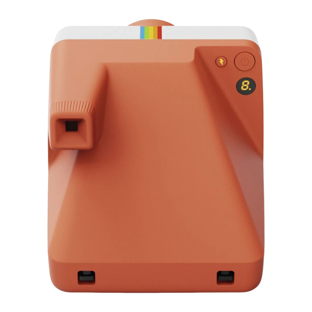 Polaroid Now Gen 3 Coral, vista frontal: objetivo autofocus, flash circular, botón disparador rojo y franja arcoíris - Ítem4