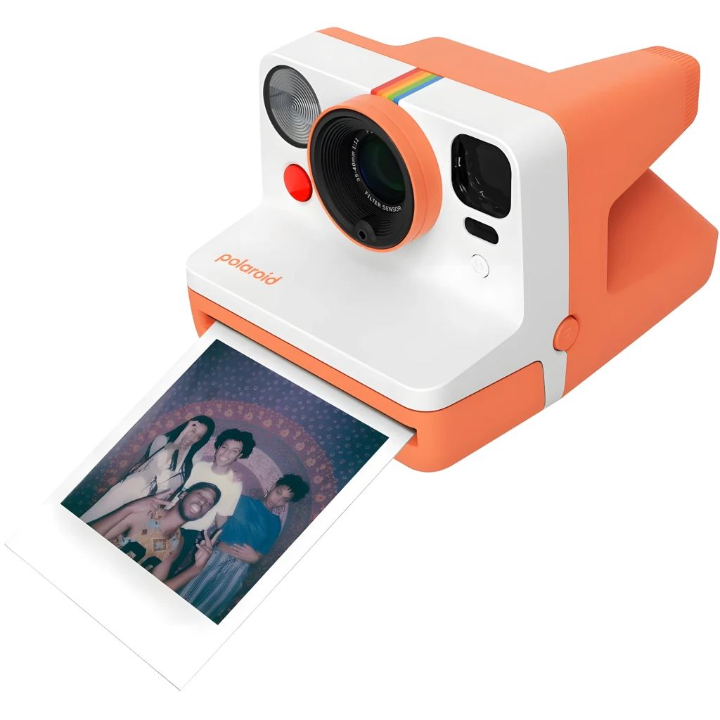 Polaroid Now Gen 3 Coral, vista frontal: objetivo autofocus, flash circular, botón disparador rojo y franja arcoíris - Ítem6