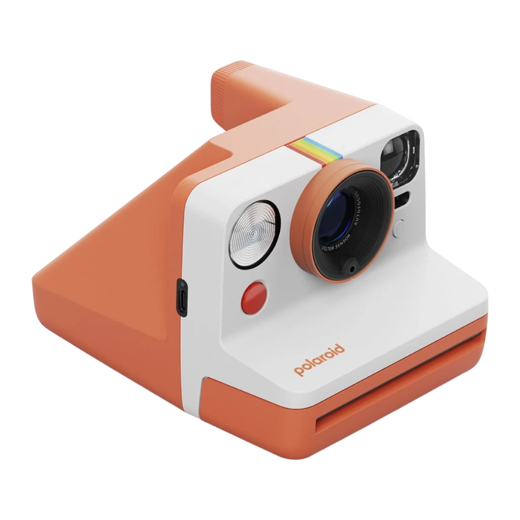 Polaroid Now Gen 3 Coral, vista frontal: objetivo autofocus, flash circular, botón disparador rojo y franja arcoíris - Ítem2