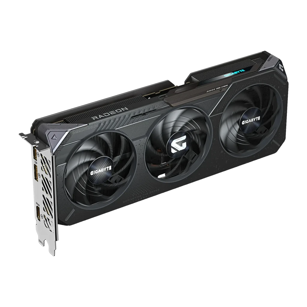 Gigabyte Radeon RX 9060 XT Gaming OC 8GB Preto, vista principal: placa gráfica com triplo ventilador e caixa laranja - Item1