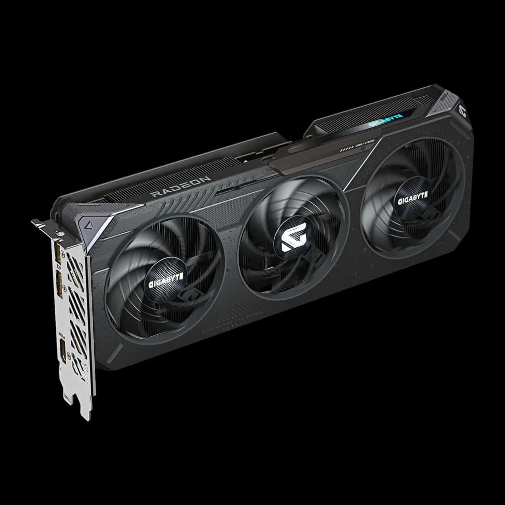 Gigabyte Radeon RX 9060 XT Gaming OC 8GB GDDR6 negro, vista frontal en ángulo: tres ventiladores, logo Radeon y puertos en