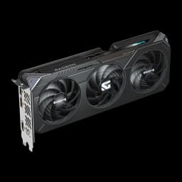 Gigabyte Radeon RX 9060 XT Gaming OC 8GB GDDR6 negro, vista frontal en ángulo: tres ventiladores, logo Radeon y puertos en