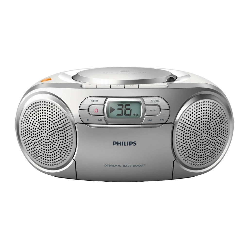 Philips Radiocasete AZ127/12 2W argenté, vue de face: haut-parleurs latéraux, écran LCD et boutons de commande centraux