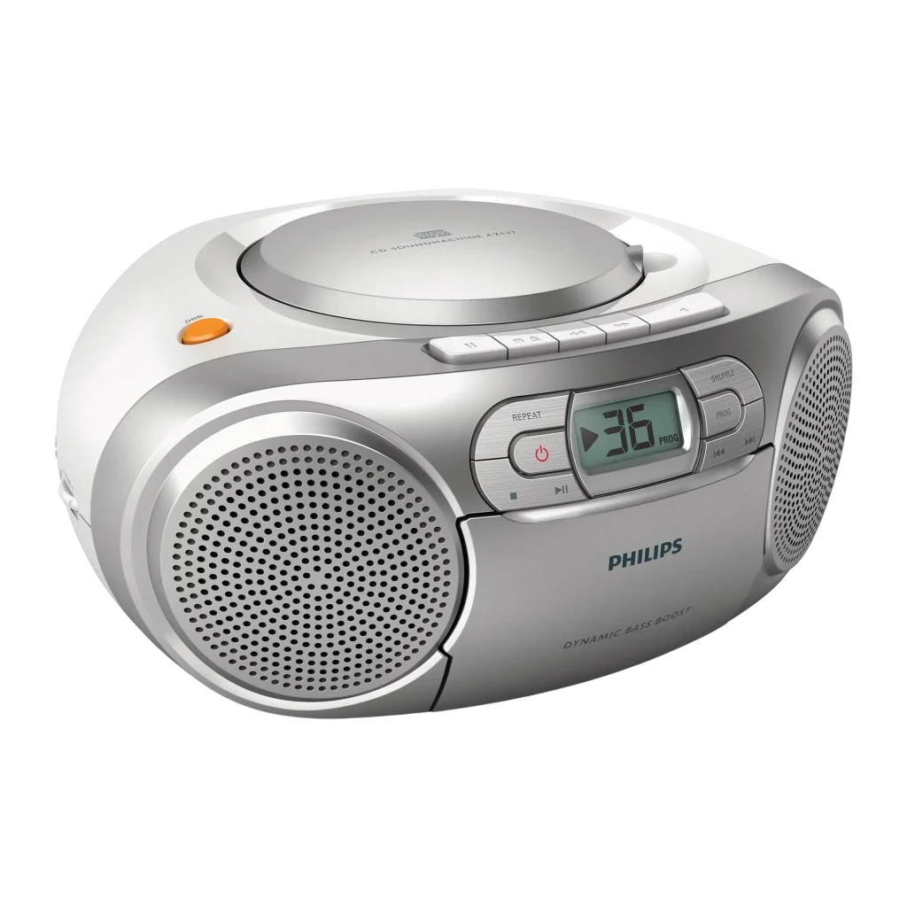 Philips Radiocasete AZ127/12 2W argenté, vue de face: haut-parleurs latéraux, écran LCD et boutons de commande centraux - Ítem1
