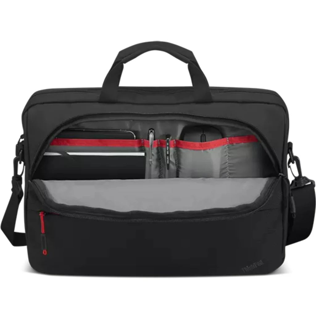 Lenovo Mala ThinkPad Essential Topload 14 polegadas preto, vista frontal: pega superior, bolso com fecho vermelho e alça - Item4