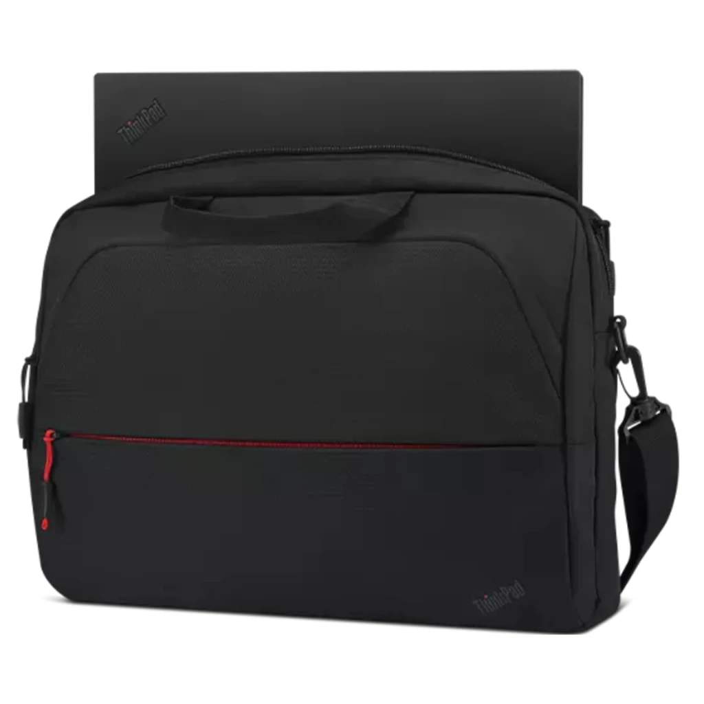 Lenovo Mala ThinkPad Essential Topload 14 polegadas preto, vista frontal: pega superior, bolso com fecho vermelho e alça - Item3