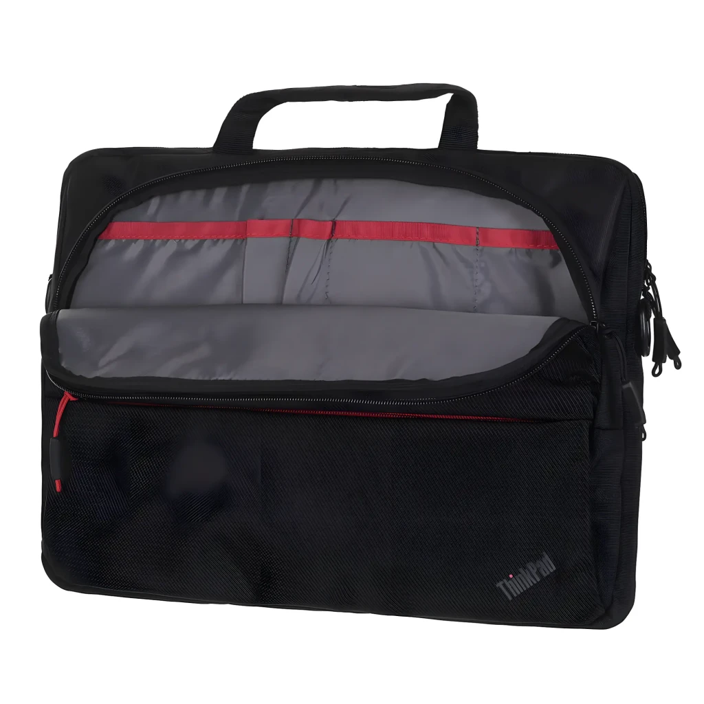 Lenovo Mala ThinkPad Essential Topload 14 polegadas preto, vista frontal: pega superior, bolso com fecho vermelho e alça - Item5